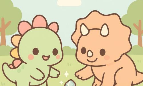 Un pequeño estegosaurio llamado Tito, rostro redondo, ojos grandes y brillantes, expresión alegre y curiosa; placas redondeadas en degradado rosa y amarillo, piel verde pálido de textura suave; camina meneando la cola y señala con una pata una piedra brillante. Un triceratops llamado Lolo, algo más grande, cuernos cortos y sonrisa contenta, piel color melocotón, agachado junto a una pequeña pila de piedras brillantes, extiende la mano hacia Tito. Claro del bosque soleado, césped bajo verde, flores vivas, troncos redondos y cielo pastel con nubes esponjosas. Escena centrada y simétrica de ambos dinosaurios compartiendo una piedra mágica brillante, ambiente dulce, colores pastel, formas simples, contornos redondeados y espacio despejado estilo kawaii minimal.