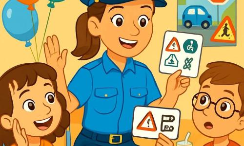La policía Lucía, una mujer sonriente de unos 30 años, lleva un uniforme azul brillante y una gorra a juego. Sus ojos brillan de orgullo y bondad mientras explica a los niños la importancia de la seguridad. A su lado, Sofía, una niña de 8 años con cabello rizado y castaño, levanta la mano con entusiasmo, lista para hacer una pregunta. Pablo, un niño de 7 años con gafas y una camiseta roja, escucha atentamente, con los ojos abiertos de asombro. La escena se desarrolla en una comisaría decorada con globos coloridos y carteles sobre seguridad vial. Mesas llenas de pasteles en forma de sirena y bebidas. Lucía muestra un pequeño cartel con reglas de seguridad, mientras los niños se sientan en círculo a su alrededor, cautivados por su discurso. Lucía comparte historias divertidas y educativas sobre su trabajo, rodeada de risas y curiosidad, creando una atmósfera alegre y atractiva.