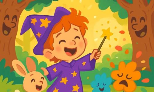 A young wizard apprentice named Wally, a boy with tousled hair and sparkling curious eyes, stands at the center of the scene. He wears a purple wizard robe adorned with golden stars, and his face radiates joy as he waves his wobbly magic wand. Beside him, Bella, an adorable rabbit with large ears and soft fur, hops happily, her eyes sparkling with mischief. The setting is a magical forest, with gnarled trees and shimmering leaves that seem to laugh, while colorful flowers dance around them, their petals vibrant. Sunlight filters through the branches, creating a golden halo around the characters. The main situation shows Wally trying to cast a spell to make the flowers sing, but instead, they start sneezing petals, causing a burst of laughter. The trees in the background begin to wiggle and laugh, adding to the joyful and enchanting atmosphere of the scene.