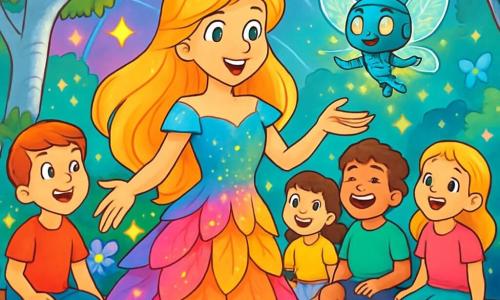 La Bella Addormentata nel Bosco, una giovane con lunghi capelli dorati e pelle luminosa, si trova al centro della scena, con gli occhi brillanti di meraviglia e un sorriso radioso. Indossa un abito scintillante di petali di fiori multicolori che danzano attorno a lei. Accanto a lei, Luminia, una piccola fata robotica con ali di circuito scintillanti, vola gioiosamente, illuminando l'aria con la sua dolce luce. Sullo sfondo, un gruppo di bambini di diverse età, tra i 6 e i 12 anni, si raduna attorno a loro, alcuni con espressioni curiose e altri ridendo di gioia, vestiti in abiti colorati e moderni, seduti su panchine di legno in un giardino lussureggiante. Il luogo è un giardino magico, pieno di fiori brillanti e piante luminescenti, con alberi dai tronchi argentati e foglie lucenti. Farfalle di luce svolazzano intorno ai bambini, mentre una grande cupola di vetro sopra di loro riflette i colori cangianti del cielo. La scena principale mostra la Bella Addormentata che, circondata dai suoi nuovi amici, condivide storie di sogni e amicizia, mentre la magia della loro connessione illumina il giardino, creando un'atmosfera di gioia e armonia.
