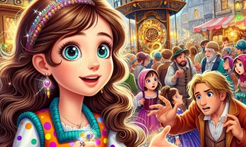 O fată de 10 ani, Tara, stă în centrul scenei, cu ochi mari strălucitori de curiozitate și un zâmbet uimit. Are părul lung, ondulat, de culoare brună, poartă o rochie colorată cu buline și un brățară strălucitoare la încheietura mâinii, ținând un ceas strălucitor în mână. Lângă ea, un băiat de 12 ani, cu pălărie, cu părul blond și o expresie îngrijorată, se uită la Tara, gesticulând cu mâinile, ca și cum ar încerca să-i explice ceva important. Decorul este o piață medievală animată, cu trăsuri colorate, oameni îmbrăcați în costume istorice și un turn imens cu un ceas, cu rotițe și pendule care se mișcă lent, în fundal. Tara și băiatul discută intens, înconjurați de un grup de oameni confuzi, iar atmosfera este plină de energie și mister, cu un cer albastru strălucitor deasupra.