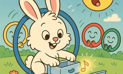 A fluffy white bunny with big pink ears, a heart-shaped pink nose and bright round eyes sits in a large blue hoop, gently pulling out a thin translucent drawer with curiosity and joy; colorful hoops (yellow, red, green) with smiling faces swing and softly clap around him, a gentle-faced yawning sun watches from the sky, and the open floating drawer on the grass releases a tiny glowing musical note as the soft green meadow with pink round flowers and swaying grasses completes the whimsical, colorful scene.