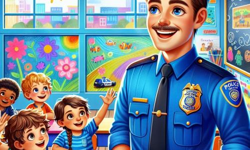 Ein Polizist namens Herr Müller, lächelnd und freundlich, trägt eine blaue Uniform mit einem glänzenden Abzeichen. Er hat braunes Haar und einen feinen Schnurrbart und spricht fröhlich mit einer Gruppe von Kindern. Unter den Kindern ist Tim, ein 8-jähriger Junge mit zerzausten blonden Haaren, der begeistert die Hand hebt. Neben ihm hört Lisa, ein 7-jähriges Mädchen mit geflochtenen braunen Haaren, aufmerksam zu, ihre Augen funkeln vor Neugier. Die Szene spielt in einem hellen Klassenzimmer mit Wänden, die mit Kinderzeichnungen dekoriert sind, und Fenstern, die Sonnenlicht hereinlassen. Bunte Tische sind in Reihen angeordnet, und eine Tafel ist mit Zeichnungen von Polizisten und Polizeiautos gefüllt. Herr Müller erklärt den Kindern die Bedeutung von Sicherheit und Regeln und erzählt lustige Geschichten aus seinem Beruf. Die Kinder sind gefesselt, lachen und stellen Fragen, was eine fröhliche und einladende Atmosphäre schafft.