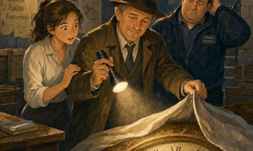 Un detective de unos cincuenta años, rostro con arrugas suaves, abrigo marrón y sombrero blando, expresión aliviada y concentrada, baja una linterna hacia un gran reloj antiguo medio cubierto por una sábana; a la izquierda, Mariana, unos 25 años, pelo castaño recogido, blusa clara algo arrugada, mirada sorprendida pero aliviada, sujeta la mano del detective o está justo detrás; a la derecha, un vigilante corpulento de unos 45 años con chaqueta oscura y rostro avergonzado pero aliviado, junto a las escaleras que bajan al sótano; el sótano del ayuntamiento tiene paredes de piedra gris, suelo de losas polvorientas, cajas de madera apiladas, una vieja mesa y carteles amarillentos, la luz cálida de la linterna levanta polvo y descubre el reloj medio descubierto, atmósfera de alivio y revelación; estilo: gouache con colores cálidos, texturas visibles y pinceladas suaves, atmósfera clara y reconfortante.
