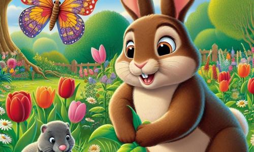 Un pequeño conejo llamado Bruno, con un pelaje suave y marrón, grandes orejas erectas y ojos brillantes de alegría, está plantando semillas en un jardín colorido, sonriendo con entusiasmo. A su lado, una mariposa llamada Lila, con alas multicolores y translúcidas, vuela en círculos, expresando su alegría riendo y animando a Bruno. Un pequeño topo llamado Tito, con un pelaje gris y patas robustas, está ocupado cavando la tierra, mostrando una expresión concentrada y decidida. El jardín es un verdadero cuadro de primavera, lleno de flores brillantes de todos los colores: tulipanes rojos, margaritas blancas y girasoles dorados, rodeado de exuberante vegetación y majestuosos árboles. La escena principal muestra a Bruno, Lila y Tito trabajando juntos con entusiasmo para preparar el jardín, creando un espacio mágico donde la naturaleza despierta y la amistad florece.
