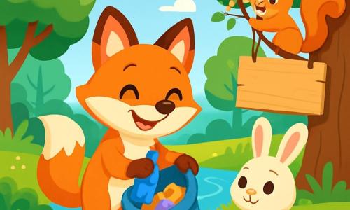 A little fox named Felix, with bright orange fur and sparkling eyes full of joy, stands at the center of the scene, smiling widely while picking up colorful trash near a sparkling river. Next to him, a small rabbit named Benny, with long ears and silky white fur, looks at Felix with admiration, holding a piece of paper in his front paws. A squirrel named Clara, with a bushy tail and mischievous eyes, climbs a nearby tree, holding a branch decorated with leaves and flowers, ready to hang a sign. In the background, a lush forest with majestic green trees, vibrant flowers, and a clear blue sky brightens the scene. The main situation shows Felix and his friends cleaning their forest, surrounded by laughter and colors, with a large wooden sign that says "Let's keep our forest clean!" hanging on a tree.