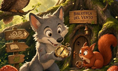 Un piccolo lupo grigio chiaro (lutin-lupo) dal pelo soffice, occhi nocciola e orecchie appuntite, dall'aria curiosa e birichina, tiene tra le zampe una piccola bussola lucente la cui lancetta gira sorridendo (riflessi dorati, lievi graffi sulle zampe); vicino, una piccola scoiattolina rossiccia dalla coda folta, viso malizioso, accovacciata su una radice guarda la bussola tenendo una nocciola rotta; a sinistra su un ramo basso di faggio un vecchio gufo bruno con piume a ventaglio e occhiali tondi osserva, saggio e divertito; la scena è una radura boschiva colorata con tronchi di faggio dalle linee morbide, tappeto di muschio verde vivo, funghi rossi a pois, una minuscola porta in legno incastonata tra le radici con una maniglia di rame, un cartello di legno con scritto Biblioteca del Vento e raggi di luce dorata che filtrano con polline nell'aria; il lupo scopre la bussola "ridens" che punta alla piccola porta della Biblioteca del Vento, composizione centrata, atmosfera fiabesca e assurda, colori caldi e contrastati, linee nette e contorni leggermente arrotondati, espressioni marcate di curiosità e divertimento.