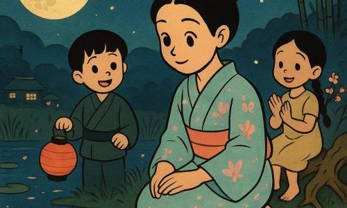 Hanako, o femeie de circa 30 de ani, este îngenuncheată la marginea unei mlaștini luminate de lună, cu față blândă, păr negru prins într-un coc și un kimono pastel brodat cu fluturi, exprimând seninătate și hotărâre; în prim‑plan, un licurici singular masculin emite o lumină aurie timidă și plutește deasupra apei privind către Hanako; în spatele ei, un băiat de ~8 ani cu păr drept negru ține o lanternă mică de hârtie roșie, iar o fetiță de ~6 ani cu părul împletit, într-o rochie simplă, stă pe o rădăcină de salcie ținând o ramură înflorită de cireș și aplaudă ușor; mlaștina sub o lună plină reflectă stele și lanterne, cu stuf, nuferi, valuri sclipitoare și petale căzătoare; în fundal se văd dealuri întunecate, siluete de bambus și case din lemn cu acoperișuri de țiglă și ferestre luminate; paleta: albastru de noapte, aurii ale licuricilor, roz pal al florilor și verde intens; compoziția: vedere semi‑apropiată, Hanako centru‑jos, licurici luminos în prim‑plan dreapta, copii ușor în spate stânga, mlaștina și luna în jumătatea superioară; atmosferă magică și liniștită, detalii texturate simple, tușe rotunjite și expresive în stilul cartoon retro „rubber hose”.