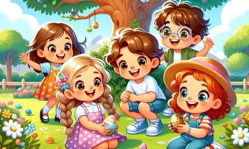 In un parco soleggiato, quattro bambini sono riuniti attorno a un grande albero con foglie verdi e lucenti. Leo, un ragazzo di 8 anni con capelli castani disordinati e occhi curiosi, è accovacciato vicino all'albero con una mappa colorata in mano, visibilmente eccitato. Mia, una ragazza di 7 anni con lunghi capelli biondi intrecciati e un vestito rosa a pois, sorride mostrando un uovo di cioccolato dorato appena trovato. Tommaso, un ragazzo di 6 anni con capelli castani e occhiali rotondi, salta di gioia vicino a Mia. Anna, la più piccola, ha 5 anni, capelli ricci e un cappellino di paglia, ed è seduta sull'erba, incantata dagli anatroccoli che nuotano in uno stagno vicino. Il parco è pieno di fiori colorati e un cielo azzurro chiaro si estende sopra di loro, con alcune nuvole bianche che fluttuano. I bambini sono impegnati in una caccia alle uova di Pasqua, scoprendo tesori nascosti mentre ridono e si divertono insieme in una bella giornata primaverile.