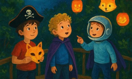 There are three main characters: A boy named Liam, about 10 years old, with tousled brown hair and a black pirate hat, stands on the left, holding a golden fox mask in his hands. A boy named Jay, also 10 years old, with curly blond hair and a purple wizard cape, is in the center, gazing in wonder at the paper lanterns hanging from the bushes. A boy named Oliver, 9 years old, wearing a silver astronaut helmet and rain boots, is on the right, pointing at a fox-shaped lantern. The setting is a small wooden bridge over a shimmering stream, surrounded by bushes decorated with paper lanterns depicting various animals. The scene is bathed in the soft, silvery light of the moon, which reflects on the water like a liquid mirror. The main situation shows the three boys discovering the paper lanterns hanging from the bushes. They are amazed by the gentle glow of the lanterns, and the fox mask in Liam's hands glows slightly under the moonlight. The atmosphere is magical and full of mystery, with dancing shadows created by the lanterns and the moonlight.