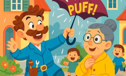Um homem alegre, o Sr. Pipoca, com um grande sorriso e um bigode espesso que dança, está segurando um guarda-chuva mágico que se abre sozinho. Ele veste um jaleco azul de inventor, com ferramentas presas ao cinto, e seus olhos brilham de excitação. Ao lado dele, a Sra. Florinda, uma mulher de cinquenta anos com cabelos grisalhos presos em um coque e óculos redondos, sorri maravilhada segurando seu novo guarda-chuva sob a chuva. Ela usa um casaco amarelo vivo que contrasta com o céu cinza. A cena ocorre em uma pequena rua da cidade de Luzinha, com casas coloridas, flores nos jardins e gotas de chuva brilhantes no pavimento. Ao fundo, crianças riem e se aproximam, ansiosas para ver a invenção do Sr. Pipoca, que demonstra seu guarda-chuva mágico, que se abre com um 