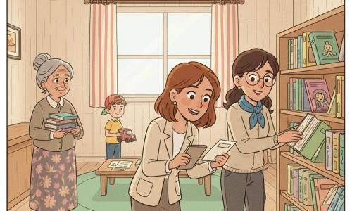 A detetive Leonor, sorridente e concentrada, cabelos castanhos curtos, segura um caderno e observa pistas numa prateleira vazia onde descobre um marcador dourado colado num bilhete aberto; à direita, a professora Clara, ~35 anos, cabelos presos, óculos redondos e echarpe azul, recoloca livros; ao fundo, um garoto de ~8 anos com boné vermelho, camiseta amarela e um caminhão de brinquedo observa perto de uma mesa baixa; à esquerda, a bibliotecária Dona Benta, ~65 anos, cabelos grisalhos em coque e saia florida, sorri segurando uma pilha de livros; a pequena biblioteca é acolhedora, com paredes de madeira clara, estantes baixas coloridas, tapete verde e luz suave vindo de uma grande janela; atmosfera calma e de cumplicidade enquanto a prateleira vazia se enche.