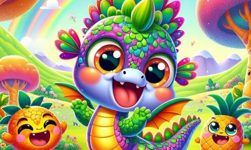 Um dragão colorido chamado Pipo, com escamas brilhantes em tons de arco-íris e grandes olhos cintilantes, está no centro da imagem, rindo alto enquanto tenta voar em círculos, com uma expressão alegre e despreocupada. Ao seu lado, uma trepadeira laranja chamada Lili, uma pequena laranja sorridente com braços e pernas, salta de alegria, seus olhos brilhando de travessura, enquanto um abacaxi chamado Pipo, com uma coroa de folhas verdes e um rosto amigável, faz uma careta engraçada, ficando um pouco afastado e rindo da situação. O cenário se passa no Vale das Frutas Falantes, um lugar mágico cheio de árvores de troncos coloridos, flores vibrantes e frutas animadas que parecem dançar ao som da música. Colinas suaves e rios cintilantes serpenteiam pela paisagem, criando uma atmosfera alegre e vibrante. A situação principal mostra Pipo, o dragão, que ao tentar voar graciosamente, acaba girando em círculos e causando um pequeno desastre cômico, enquanto as frutas ao seu redor explodem em risadas, criando um clima de festa e camaradagem.