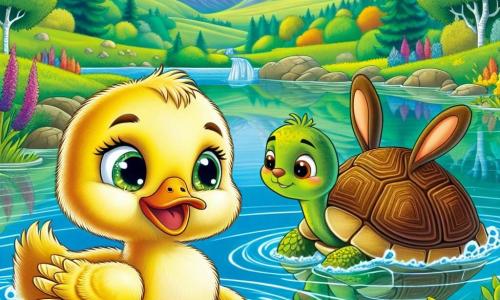 Un pequeño pato llamado Pipo, con plumas amarillas brillantes y ojos llenos de curiosidad, nada alegremente en un lago cristalino, su rostro expresando entusiasmo y preocupación. Junto a él, un pequeño conejo llamado Roberto, con pelaje marrón y orejas largas, observa al pato con una expresión preocupada, mientras que una tortuga llamada Tula, con caparazón verde y ojos sabios, emerge lentamente del agua, lista para ayudar a sus amigos. El decorado es un hermoso valle rodeado de montañas verdes, con flores coloridas y árboles majestuosos que se reflejan en el lago brillante. La escena muestra a Pipo y sus amigos discutiendo la preocupante situación del agua del lago, ilustrando su determinación de encontrar una solución juntos.