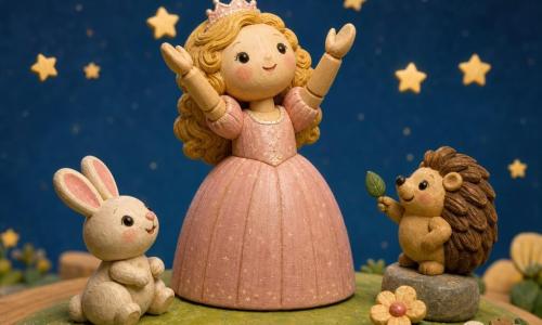 Kleine prinses van ongeveer 6 jaar, rond gezicht, blond krullend haar en lichtroze glitterjurk, glimlachend en verwonderd met beide handen omhoog om kleine lichtgevende sterren op te vangen; links een wit knuffelkonijn Flappie met roze oren zittend op zijn achterpoten en nieuwsgierig blij kijkend; rechts een kleiner oud bruin knuffelstekelvarken op een klein steentje, ondeugend wijzend met een blad; bovenop een groen geschilderde houten grasheuvel met kleurrijke houten bloemen en een diepblauwe lucht met gouden houten sterren die zacht naar beneden vallen — rustige magische scène, warm zacht licht, gecentreerde diorama-compositie op een tafel.