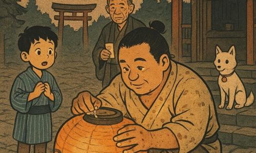 A messenger named Renji, about 35, round warm face, black hair in a small bun, in simple beige cotton clothes stained with rice paste, is squatting and focused, gluing tissue paper onto a large persimmon paper lantern with sticky hands and a resolved, gentle expression; to his left a local boy of about 8 in a blue striped kimono watches in wonder with hands clasped to his chest, standing on the square's stone slabs; an elderly shrine keeper of about 70 with wrinkled, dried-kaki-like skin in a dark haori holds a sealed letter at the recessed shrine entrance, watching gratefully; a small white fox with bright black eyes and a thin golden bell at its neck sits on the shrine steps to the right, observing as if waiting for a sign; the setting is a Japanese village square at dusk—irregular paving stones, a red torii and small cedars, hanging lanterns—and at the center the large persimmon paper lantern repaired with black ink wave decorations is just regaining life, its flame creating a warm amber halo through the paper, soft shadows on faces, glue droplets on Renji's fingers and evening gold dust drifting in the air.