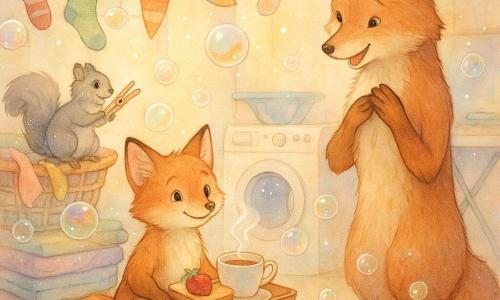 A young red fox with hazel eyes, joyful and slightly shy, sits on a folded-towel cushion holding a tray with steaming tea and a toast topped with a strawberry; an adult vixen (the mother) with slightly darker fawn fur stands nearby with a tender, amazed smile and hands to her chest; a small fluffy gray squirrel with a mischievous air perches on a laundry basket holding a clothespin; a domestic laundry room transformed into a bright 