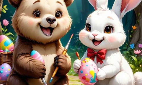 Un oso alegre llamado Toto, con pelaje marrón y ojos brillantes, está pintando huevos de Pascua con pinceles coloridos. Sonríe ampliamente, sus mejillas rosadas delatan su emoción. A su lado, un adorable conejo blanco, el Conejo de Pascua, con grandes orejas y un moño rojo, observa a Toto con una sonrisa benevolente. Sostiene un huevo pintado en sus patas delanteras, mostrando su orgullo. La escena se desarrolla en un jardín soleado, lleno de flores coloridas y árboles verdes. Rayos de sol filtran a través de las hojas, creando un ambiente alegre y festivo. Toto y el Conejo de Pascua están preparando la fiesta de Pascua, rodeados de numerosos huevos pintados, listos para ser escondidos para que los niños los encuentren.