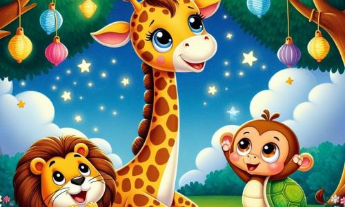 Uma girafa chamada Gigi, com um longo pescoço manchado e olhos brilhantes de bondade, está no centro da cena, olhando para o céu estrelado com um grande sorriso, cheia de entusiasmo. Ao seu lado, um leão chamado Léo, com uma juba dourada e um olhar curioso, dança alegremente na grama verde, enquanto um pequeno macaco chamado Mico, com pelos marrons e olhos brilhantes, pendura lanternas coloridas nos galhos das árvores. Uma tartaruga chamada Tati, com uma carapaça verde e óculos redondos, senta-se em uma pedra, sorrindo e aplaudindo. A cena acontece em uma clareira encantada, cercada por árvores majestosas, sob um céu noturno cheio de estrelas cintilantes que parecem ganhar vida com a festa. Gigi e seus amigos organizam uma festa mágica para celebrar as estrelas, com frutas coloridas e flores vibrantes, criando uma atmosfera alegre e iluminada.