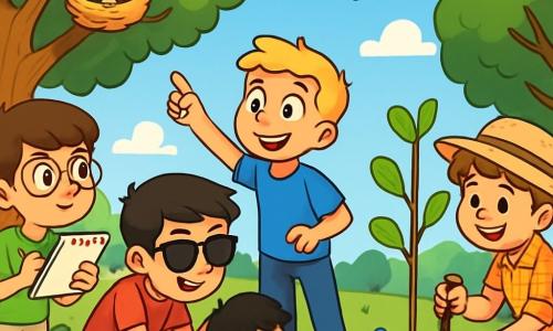 Ci sono 4 bambini: - Luca: un ragazzo di 11 anni, con capelli castani e occhiali rotondi. Indossa una maglietta verde e un pantaloncino beige. Tiene un quaderno e una matita, osservando attentamente un albero. - Marco: un ragazzo di 11 anni, con capelli biondi e un sorriso splendente. Indossa una maglietta blu e jeans. Punta il dito verso un nido di uccelli su un ramo. - Alessio: un ragazzo di 11 anni, con capelli neri e occhiali da sole. Indossa una maglietta rossa e un pantaloncino nero. È accovacciato, mentre osserva insetti su un fiore colorato. - Gabriele: un ragazzo di 11 anni, con capelli castani e un cappello di paglia. Indossa una camicia a quadri e pantaloni cargo. Tiene una piccola pala, pronto a piantare un albero. Il luogo è un parco verde, pieno di alberi maestosi e foglie verdi. Fiori multicolori decorano il terreno e un cielo blu chiaro si estende sopra di loro, con alcune nuvole bianche. Si vedono uccelli volare e farfalle danzare intorno ai fiori. La scena principale mostra i quattro amici in azione, riuniti attorno a un albero, pronti a piantare un giovane albero, circondati da sacchi di terra e attrezzi da giardinaggio, sorridenti e determinati a proteggere la natura.