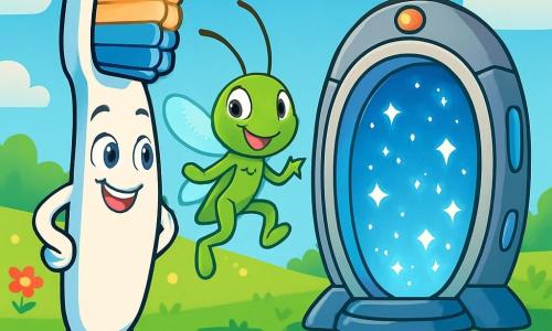 Eine lächelnde kleine Zahnbürste mit bunten Borsten und funkelnden Augen steht im Mittelpunkt des Bildes und schaut bewundernd auf ein glänzendes futuristisches Gerät, das mit funkelnden Lichtern gefüllt ist. Neben ihr springt eine fröhliche grüne Grille mit durchsichtigen Flügeln und einem großen Lächeln auf dem grünen Gras und zeigt der Zahnbürste den Weg in eine magische Welt. Im Hintergrund erstreckt sich eine sonnige Wiese, die mit bunten Blumen übersät ist, während der hellblaue Himmel mit bauschigen Wolken geschmückt ist. Die Szene strahlt eine Atmosphäre von Abenteuer und Neugier aus, während die Zahnbürste sich auf eine Zeitreise vorbereitet.