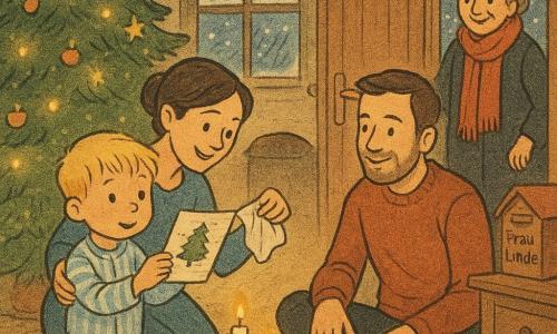 Ein vierjähriger Junge mit kurzen blonden Haaren und geröteten Wangen steht staunend am geschmückten Weihnachtsbaum und hält behutsam eine leicht feuchte, glänzende Weihnachtskarte; rechts kniet die Mutter (ca. 30–35, braune zusammengebundene Haare, warmes Lächeln) und trocknet die Karte mit einem Tuch, vor dem Baum sitzt der Vater (ca. 30–35, leichter Bart, roter Pullover) mit freundlichem Blick und Hand auf dem Knie, in der Tür steht die Nachbarin Frau Linde (60–70, lange rote Schal, dunkler Wintermantel) mit der Türschnalle in der Hand und leicht verschneiter Silhouette draußen; innen ein gemütliches Wohnzimmer mit beleuchtetem grünen Baum, Kerzen auf dem Couchtisch, dicker beiger Teppich, Girlanden und einer kleinen roten Holzscheinkasten auf einer Kommode, gefrostetem Fenster mit Schneeflocken — intime, warme Szene: die Familie lächelt, die Nachbarin hat die Karte aus der Kälte hereingebracht, goldenes Kerzenlicht kontrastiert mit dem blauen Schnee draußen.