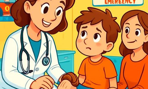 Dr. Emily, a smiling woman in her thirties, wears a bright white coat and a shiny stethoscope around her neck. Her eyes sparkle with compassion as she examines a young boy named Max, about 8 years old. Max, with messy brown hair and a worried face, looks at Dr. Emily with hope while holding his mother's hand. The scene takes place in a bright and welcoming emergency room at Sunnyvale Hospital, with colorful walls, superhero posters, and scattered toys on a table. In the background, a window lets in sunlight, warming the room. Dr. Emily is gently cleaning Max's injured foot while speaking to him in a soothing voice. Max, sitting on an examination table, appears both nervous and relieved, while his mother, a woman in her forties with brown hair, watches the scene with a grateful smile.