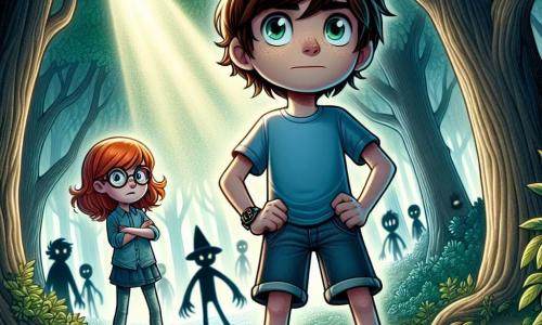 Een 9-jarig jongetje, Lucas, staat in het midden van de afbeelding, met rommelig bruin haar en nieuwsgierige ogen. Hij draagt een blauwe t-shirt en een spijkerbroek, zijn uitdrukking is zowel moedig als een beetje bang terwijl hij naar een mysterieuze schaduw in het bos kijkt. Naast hem staat zijn beste vriendin Emma, een 9-jarig meisje met rood haar en ronde brillen, die de scène met een vastberaden blik observeert, met haar armen gekruist en haar ogen op de schaduw gericht. De locatie is een dicht bos, met dikke boomstammen en groene bladeren die zilveren maanstralen doorlaten, wat een zowel magische als onheilspellende sfeer creëert. Schaduwen dansen om hen heen en de grond is bedekt met dode bladeren die kraken onder hun voeten. De belangrijkste situatie toont Lucas en Emma tegenover een mysterieuze schaduw, een vage en veranderende vorm die hen lijkt te observeren. De spanning is voelbaar en de lucht is doordrenkt met een sfeer van mysterie en avontuur terwijl ze zich voorbereiden om het geheim van deze verschijning te ontdekken.
