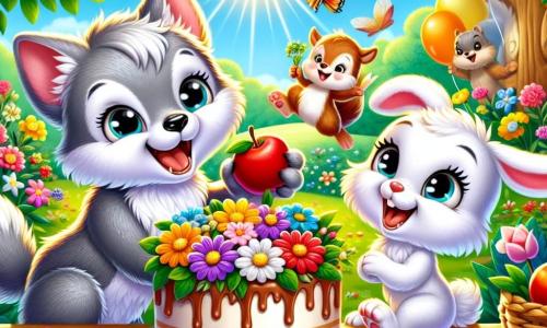Ilustración que representa a un pequeño lobo gris con un pelaje suave y ojos brillantes, mostrando una expresión de alegría y emoción. Está decorando una gran mesa de madera con flores coloridas y un delicioso pastel de manzana, sonriendo ampliamente. A su lado, un pequeño conejo blanco con orejas largas y ojos chispeantes, mostrando una expresión de felicidad, sostiene una zanahoria fresca y ayuda a colocar las flores en la mesa. Un poco más lejos, una pequeña ardilla roja con una cola esponjosa y ojos traviesos, sonriendo con entusiasmo, trae frutas para decorar el pastel. El lugar principal es un jardín soleado, lleno de flores brillantes y árboles verdes, con una suave brisa que hace bailar las hojas. La mesa está bellamente dispuesta, adornada con manteles coloridos y vajilla alegre. La situación principal muestra al pequeño lobo y sus amigos preparando una sorpresa para el Día de la Madre, llenos de energía y creatividad, listos para celebrar con amor y amistad. Otros elementos gráficos incluyen globos de colores flotando en el aire, rayos de sol filtrándose a través de los árboles y un fondo alegre que evoca una atmósfera festiva y cálida.