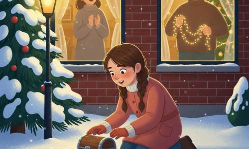 Emma, 12 Jahre alt, staunend und neugierig mit geröteten Wangen, kniet im funkelnden Schnee und berührt eine kleine lackierte Holztruhe mit silbernen Beschlägen; die etwa 40-jährige Mutter sieht aus dem hellen Wohnzimmerfenster, verschwommene Silhouette hinter Vorhängen, warmes Lächeln, die Hände gefaltet wie beim Singen; der rund 45-jährige Vater hält drinnen eine Lichterkette am Tannenbaum, breit und fröhlich, goldenes Licht spiegelt sich in seiner Brille; winzige Fußspuren eines sehr kleinen Wesens führen von der Truhe in den Garten, zart wie Feenschritte, Schnee darüber; Schauplatz: verschneiter Garten in der Dämmerung mit altem Laternenpfahl in bernsteinfarbigem Licht, verschneitem Außentann und rotem Backsteinhaus mit beschlagenen Fenstern und warmen Leuchtern; Hauptsituation: magische Entdeckung — das Mädchen findet eine geschlossene kleine Truhe im Schnee, umgeben von kleinen Spuren, gemütlich-geheimnisvolle Weihnachtsstimmung mit Kontrast zwischen warmem Innenlicht und kaltem Blau draußen.
