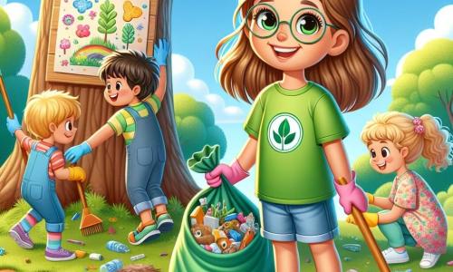 A 10-year-old girl named Lily, with long brown hair and sparkling curious eyes, stands joyfully under a large oak tree. She wears a bright green t-shirt with a leaf logo and denim shorts, smiling enthusiastically as she holds a trash bag filled with colorful waste she just collected. Next to her, her friend Max, a 10-year-old boy with blonde hair and round glasses, wears gardening gloves and helps pick up trash, displaying a proud smile. A little further away, Emma, a 9-year-old girl with curly hair and a flower dress, draws colorful posters on a wooden board, adding drawings of flowers and animals. The scene takes place in a sunny park with lush trees, vibrant flowers, and a clear blue sky dotted with fluffy white clouds. The main focus shows Lily and her friends actively transforming the park into a clean and welcoming place, filled with energy and camaraderie while having fun protecting their environment.