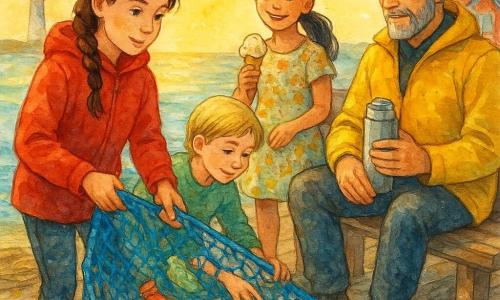 Vier personen op een houten pier: een meisje van circa 11 jaar met bruine vlecht en rode capuchonjas houdt rechts een groot blauw net vast; een meisje van circa 10 met kort blond haar en groene trui hurkt links en wrijft het aan het net kleefende plastic los; een meisje van circa 11 met zwart paardenstaart en bloemenjurk staat achteraan en biedt een hoorntje ijs aan; een man van ongeveer 50 jaar met korte grijze baard en felgele regenjas zit op een houten bank rechts met een thermos en kijkt naar het natte net op zijn schoot. De pier heeft versleten planken, schroeven en touwen, wat natte algen aan de randen, de zee is blauwgroen met gouden zonsondergangreflecties, een kleurrijk ijshuisje dichtbij en een wit vuurtoren verderop. Hoofdsituatie: ze maken samen een blauw vissersnet schoon dat vol kleurrijk plastic afval zit, met warme avondlichtsfeer, spatten water en vochtige kleding.