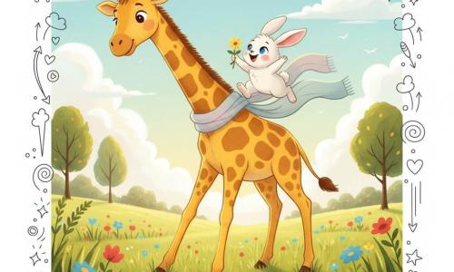 A large yellow-orange giraffe with light brown spots, round gentle eyes and a joyful expression bends its long neck so another character can climb on its back, wearing a pastel scarf blowing in the wind and smiling calmly; a small fluffy white rabbit with long pink ears, wide sparkling eyes and an amazed expression jumps laughing onto the giraffe’s back with legs in the air holding a small yellow wildflower; the sunny meadow setting has tall green grass, red, blue and yellow flowers, a few round-leaved trees and a blue sky with fluffy clouds, bathed in warm late-afternoon light with long shadows and golden tones, centered illustrative composition with soft outlines, bright colors, light textures on fur and flowers and small doodle overlays (hearts, stars, clouds).