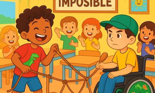 Hay 2 personajes principales: Nico, un niño de 8 años con cabello rizado y mucha energía, que lleva una camiseta roja con un dinosaurio y un pantalón corto azul. Está a la izquierda, sosteniendo una cuerda con una gran sonrisa. Tomás, un niño de 8 años en una silla de ruedas decorada con pegatinas de dinosaurios, tiene cabello castaño y lleva una gorra verde. Está a la derecha de Nico, mirando con determinación el desafío que tienen delante. El lugar es un aula luminosa y colorida, con paredes amarillas y carteles de dibujos animados. Las mesas de madera están dispuestas en círculo y globos de colores flotan en el techo. En el centro hay un gran "Puente Imposible" hecho de cuerdas y tablones de madera, rodeado de compañeros que animan a los dos amigos. La situación principal muestra a Nico y Tomás trabajando juntos para cruzar el Puente Imposible, usando una cuchara para lanzar una cuerda. Los niños a su alrededor ríen y aplauden, creando una atmósfera de alegría y emoción.