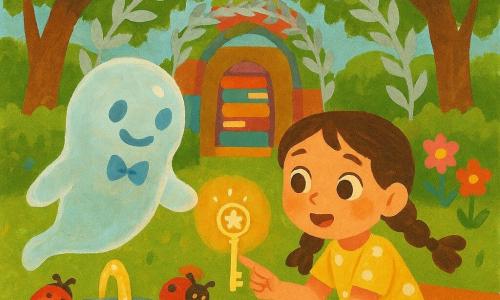Un fantasma chiamato Nebbio, trasparente come una bolla, sorridente e timido con una piccola farfalla azzurra al colletto, fluttua sopra il suolo e indica una chiave brillante; una bambina di circa 6 anni, Lina, con due trecce brune e un vestito giallo a pois bianchi, accovacciata vicino a una panchina in legno cannella, tiene una chiave di vetro con una stella rotante all'interno; la scena nel Giardino delle Lanterna-Coccinelle mostra prato curato, fiori scintillanti, piccole coccinelle-lanterna rosse e una fontana che scorre come limonata lucente; sullo sfondo una porta di libri impilati e un arco di foglie argentee tra gli alberi, luce solare dolce in tonalità pastello; momento principale: Lina scopre la chiave sotto la panchina e Nebbio le indica tre sentieri, istante magico e meravigliato.