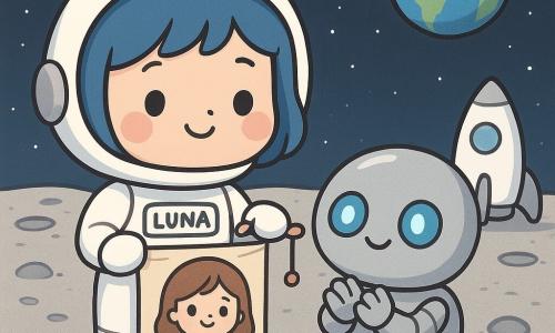 Luna es una piloto mujer, sonriente y tranquila, rostro redondo, pelo corto azul, traje espacial blanco con placa Luna, capitana; coloca suavemente una pequeña pancarta con la foto de su mamá colgada como retrato sobre la superficie lunar. Sol es un pequeño robot redondo plateado, ojos-lámpara azul cielo suaves, aplaude y sostiene una pequeña piedra en una caja junto a Luna. No hay otros humanos; suelo lunar gris polvoriento con pequeñas rocas redondeadas y cráteres suaves, horizonte curvo y la Tierra azul y redonda en el cielo estrellado negro. Escena tras el aterrizaje: la nave blanca de fondo, pequeñas huellas en el polvo, atmósfera pacífica y segura, paleta pastel, iluminación suave y sombras cortas. Estilo chibi kawaii, formas redondeadas, trazos simples, texturas lisas y expresión cálida y reconfortante para niños pequeños.