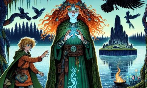 No centro da imagem, Maelis, uma jovem de cabelos ruivos e olhos verdes cheios de determinação, está diante de um lago cintilante. Ela usa um manto verde musgo adornado com símbolos druidicos, e seu rosto expressa profunda concentração e leve nervosismo. Ao seu lado, Lugh, um garoto de cabelos dourados e olhos travessos, se transforma em corvo, batendo as asas com entusiasmo, pronto para ajudá-la. O cenário é uma ilha flutuante no meio de um lago de águas prateadas, cercada por névoas leves e flores luminescentes. Árvores de formas estranhas, com troncos torcidos e folhas brilhantes, se erguem ao redor do lago, criando uma atmosfera mágica e misteriosa. A situação principal mostra Maelis, com as mãos estendidas em direção a uma chama azul em um altar de pedra, pronta para reavivar a magia do Véu, enquanto Lugh, em corvo, voa ao seu redor, trazendo leveza a este momento solene.