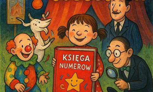 Sześcioletnia Maja, uśmiechnięta i dumna, ściska dużą czerwoną Księgę Numerów; za nią nieco z boku stoi dyrektor Pan Bąbelek w meloniku i marynarce w paski, po lewej klaun Kropka z czerwonym nosem zbierający piórka, po prawej treser Pan Pchełka z lupą, obok żonglująca koza trzymająca pomarańczę i mały pies w kapeluszu; miejsce: polana przed wielkim namiotem cyrkowym nocą z miękką trawą, lampionami, plakatami na słupie i gwiaździstym niebem; główna scena: grupa ogląda podświetlony plakat na desce z nowym logo cyrku (namiot na małej spiralce, uśmiechnięta gwiazda, pomarańczowe słońce i tańcząca litera); styl: kolorowy tusz, wyraźne kontury, żywe kontrastowe barwy, tekstura akwareli na niebie, zabawne detale jak unoszące się piórka i konfetti.