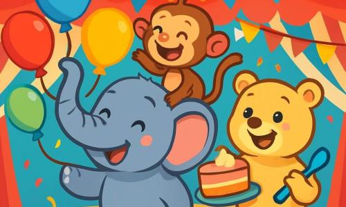 Ollie, een blije olifant met grote oren en een grijze huid, staat in het midden van de scène met zijn trunk omhoog, omringd door kleurrijke ballonnen die om hem heen drijven. Kiki, een ondeugend aapje met bruin vacht en sprankelende ogen, zit op Ollie's rug en lacht luid met room op haar neus. Bella, een zachte beer met een crèmekleurige vacht en een grote glimlach, staat naast hen met een lepel en een stuk taart, haar ogen stralend van opwinding. De scène speelt zich af onder een groot circusdoek, versierd met rode en witte strepen, met fonkelende lichten en kleurrijke vlaggen die boven hen dansen. Op de grond liggen kleurrijke confetti's verspreid, wat bijdraagt aan de feestelijke sfeer. Ollie, Kiki en Bella hebben samen plezier, lachend en spelend in een wervelwind van vreugde, terwijl Ollie probeert de ballonnen niet te laten wegvliegen terwijl hij geniet van wat room van de grote taart.