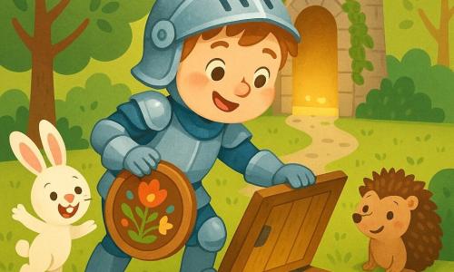 Ein Junge namens Emil, lächelnder mutiger Ritter, trägt eine glänzende silberne Rüstung mit bläulichen Schimmern, einen Helm auf der Schulter und einen rundes Holzschild mit Blumenmuster; er lehnt sich vor, um eine schwere Turmtür zu öffnen. Ein weißes Kaninchen mit großen rosa Ohren und schelmischen Augen springt links neben ihm und blickt auf eine offene Luke. Rechts an einem Felsen sitzt ein brauner Igel mit neugierigen Augen, scheinbar erleichtert. Die Szene spielt auf einer hellen Waldlichtung mit rundblättrigen Bäumen, bunten Blumen an einem moosigen Steinpfad und einem hohen, efeubewachsenen Steinturm im Hintergrund; im Moment der Öffnung offenbart die Tür eine sonnendurchflutete Kammer mit einer alten offenen Luke und einer Truhe voller kleiner goldener Herzen.