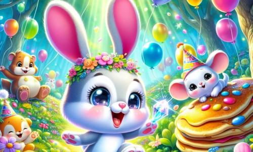 Un adorabile coniglio con grandi orecchie rosa e un naso curioso salta allegramente in una festa colorata, circondato da palloncini e pancake giganti. Il suo viso è illuminato da un grande sorriso, esprimendo eccitazione e gioia. Accanto a lui, un piccolo topo con occhi maliziosi e un cappello buffo danza cantando, il suo volto radioso di felicità. Più in là, una saggia tartaruga dal sguardo dolce e serio osserva la scena da un tronco d'albero con un sorriso divertito. La scena si svolge nel meraviglioso Bosco dei Sogni, dove fiori dai colori vivaci tappezzano il terreno e raggi di sole filtrano tra le foglie degli alberi, creando un'atmosfera magica. In questa situazione, il coniglio usa un cristallo scintillante per far apparire palloncini colorati e animali di carta, provocando risate e danze tra gli amici del bosco, mentre la magia si diffonde in un'esplosione di colori e felicità.