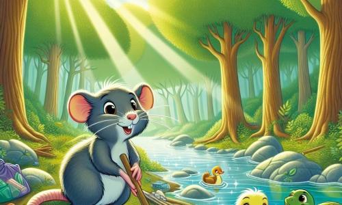 Een rat genaamd Rocco, met een zachte grijze vacht en grote nieuwsgierige ogen, verzamelt afval aan de oever van een mooie en glinsterende rivier. Hij heeft een vastberaden en blije uitdrukking op zijn gezicht. Naast hem zwemt een vrolijke kleine eend, Daan, met stralende gele veren, die Rocco aanmoedigt met een grote glimlach. Verderop kijkt een wijze schildpad genaamd Timo, met een groene schild en sprankelende ogen, trots toe vanaf een rots. De plek is een charmante open plek, omringd door majestueuze bomen, waar het zonlicht door de bladeren filtert en reflecties in het water creëert. De belangrijkste situatie toont Rocco en zijn vrienden in volle actie, die hun krachten bundelen om de rivier schoon te maken, wat de teamgeest en vriendschap illustreert.