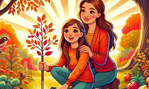 Ein 10-jähriges Mädchen mit langen braunen Haaren und funkelnden Augen hockt in einem herbstlichen Garten. Sie trägt einen leuchtend orangefarbenen Pullover und Jeans, ihr Gesicht strahlt vor Aufregung, während sie einen jungen Baum pflanzt. Neben ihr hilft ihre Mutter, eine etwa 35-jährige Frau mit braunen Haaren und einem warmen Lächeln, indem sie eine kleine Schaufel hält und stolz auf ihre Tochter schaut. Der Garten ist mit leuchtend bunten Blättern in Rot, Gelb und Orange gefüllt, und im Hintergrund steht majestätisch ein alter Kirschbaum. Sonnenstrahlen filtern durch die Äste und tauchen die Szene in ein sanftes goldenes Licht. Mutter und Tochter pflanzen einen kleinen Apfelbaum, der den Beginn einer neuen Saison symbolisiert, umgeben von der Magie des Herbstes, mit zwitschernden Vögeln und fröhlich umherlaufenden Eichhörnchen.