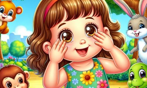 A 2-year-old girl named Lily, with big sparkling eyes and curly hair, joyfully smiles as she plays in a sunny park. She wears a colorful floral dress and is counting with her hands over her eyes, looking focused and excited. Nearby, Max, a funny little monkey with brown fur and mischievous eyes, hides in a bush, chuckling softly. Bella, an adorable white bunny with big ears, is hiding behind a large tree, ready to jump, with a playful expression on her face. Tom, a green turtle with a colorful shell, sits on a rock, munching on a leaf with an amused look. The park is filled with colorful flowers, majestic trees, and a bright blue sky, creating a joyful and welcoming atmosphere. The main scene shows Lily playing hide and seek with her friends, laughing and having fun, while Max, Bella, and Tom hide and eagerly wait to be found.