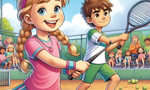 Een 10-jarig meisje, Sanne, staat op een tennisbaan, met blonde vlechten en een grote glimlach op haar gezicht, die haar vastberadenheid en enthousiasme toont. Ze draagt een roze t-shirt en een blauwe sportrok, en houdt een tennisracket in haar rechterhand, klaar om de bal te slaan. Naast haar staat een 11-jarig jongen, Tim, met rommelig bruin haar en een groene sportoutfit. Hij staat iets achteruit, met gekruiste armen, en heeft een geconcentreerde en zelfverzekerde uitstraling, klaar om Sanne te ondersteunen in hun wedstrijd. De tennisbaan is omringd door enthousiaste toeschouwers, met ouders en vrienden die op houten banken zitten, en een stralende blauwe lucht boven hen. Kleurrijke vlaggen wapperen rondom het veld, wat een feestelijke sfeer toevoegt. De hoofdscène toont Sanne en Tim in volle actie, met Sanne die zich voorbereidt om de bal met haar racket te slaan, terwijl Tim zich klaarmaakt om naar het net te rennen, wat de teamgeest en opwinding van de wedstrijd illustreert.