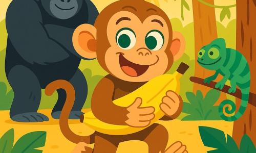 A young mischievous monkey with light brown fur, big round green eyes and a playful grin holds a large bright yellow banana to its chest while hopping; a small smiling green-and-turquoise striped chameleon perches on a branch to the monkey's right, eyes on the banana as if it posed a riddle; a large imposing but kind black-furred gorilla stands slightly hunched in the left background with arms crossed, watching amused; the scene is a bright jungle clearing with large green leaves, hanging vines, textured trunks, orange flowers and golden sunlight—the monkey has just won the banana after solving a riddle, creating a joyful, dynamic atmosphere with vivid colors, simple composition, clear shapes, readable expressions and exaggerated gestures.