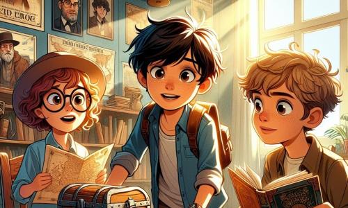 In a small, bright room, three young adventurers gather around a wooden table. Leo, a ten-year-old boy with messy brown hair and sparkling curious eyes, holds an old map, his expression focused. To his right, Emma, a ten-year-old girl with large round glasses and curly hair, flips through an ancient book, her face lit up with the excitement of discovery. On the left, Max, a ten-year-old boy with blonde hair and muscular arms, eagerly watches the chest in the center of the room, ready to open it. The room is decorated with posters of famous explorers and world maps, with a large globe on the shelf. Sunlight filters through the window, illuminating the children's faces and creating an adventurous atmosphere. The three friends are about to uncover hidden treasure in an old chest filled with maps and mysterious objects, symbolizing their quest for adventure and knowledge.