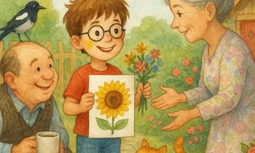 An 8-year-old boy, Jamie, smiling and proud with messy brown hair, round glasses and a yellow paint smudge on his cheek, stands center holding a flat sunflower drawing and a small bouquet; Mrs. Parker (about 60) with a gray bun and pastel floral dress reaches from the right to receive them near a small rosebed, while Mr. Lewis (about 50), round-jovial in a wool vest, crouches at left smiling with a cup of cocoa; a mustard-striped cat named Mustard rubs the boy’s leg in the foreground and a black-and-white magpie perches on the fence in the background; the small bright garden has a paved path, colorful flower beds, an old tool shed with a red door and silver key, and a blue sky with soft clouds — a warm, calm, joyful moment of exchange and mutual help depicted in warm colors with grainy watercolor textures.