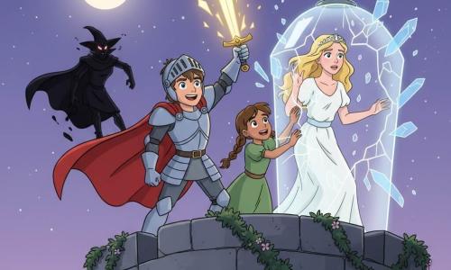A gleaming silver-armored young knight with a flowing red cape and a determined smile raises a glowing sword that shatters a crystal cage into sparkling shards; to his right, eight-year-old Lily with brown braids and a green dress, eyes wide with joy, places a hand on the crystal to help free Princess Elara, a relieved and awed sixteen-year-old with wavy blonde hair in a light white gown emerging from the cracked cage atop a gray stone tower on Shadow Mountain at violet twilight with a full moon, flowering vines and stardust around the cage; the shadowy witch Morgath, angular and cloaked in black, fades into the background, fleeing the light.