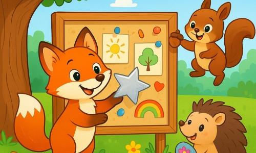 A bright orange fox with soft, shiny eyes stands joyfully near a large oak tree. It proudly smiles while holding a silver paper star that it just glued onto a board filled with colorful drawings and small treasures. Next to it, a brown squirrel with sparkling eyes jumps for joy while holding a small acorn, looking at the fox with admiration. A hedgehog, with soft spines and a warm smile, stands a bit back, nodding in approval while holding a small painted stone in its paws. The scene takes place in a sunny park filled with vibrant flowers and lush greenery, under a blue sky dotted with fluffy white clouds. In the center, the colorful board is hung on the tree, surrounded by small pebbles and golden leaves. The main situation shows the fox and its friends celebrating their friendship by adding personal items to the board, each expressing joy and creativity in an atmosphere of sharing and happiness.